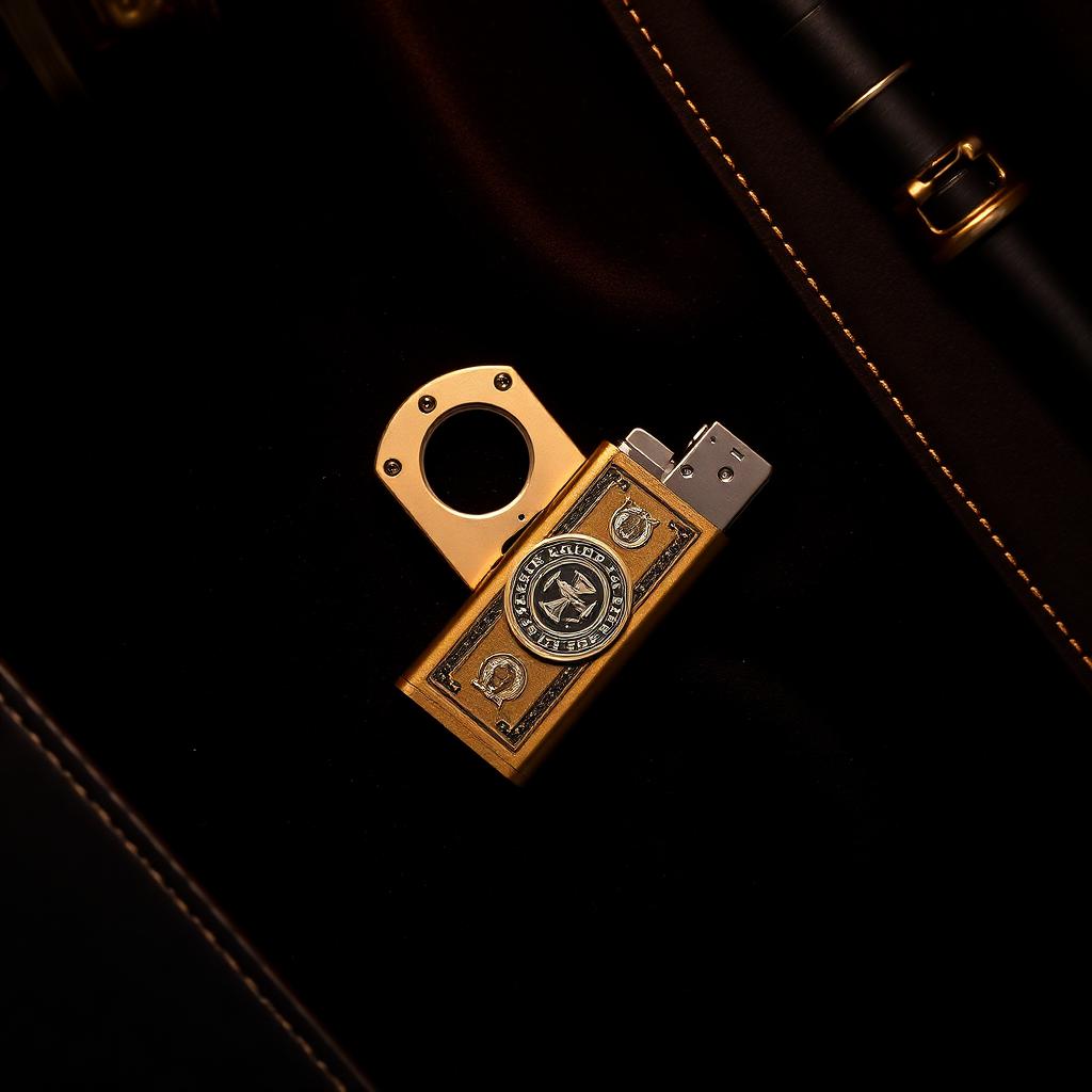 Brass cigar cutter and luxury lighter on dark velvet