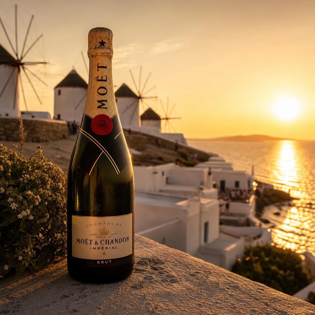 Moët & Chandon bottle in front of the Mykonian windmills at sunset