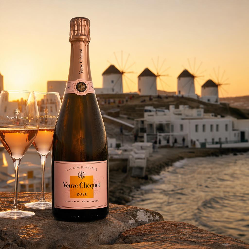 Veuve Clicquot Rosé bottle in front of the Mykonian windmills at sunset